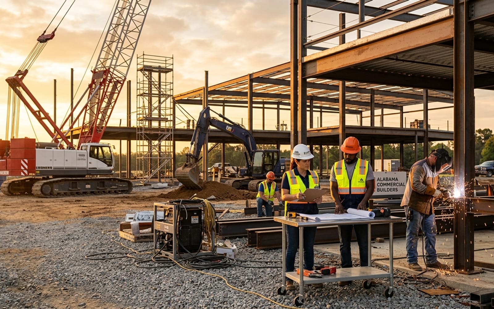 Alabama construction crew in hard hats working on a steel-frame commercial building at golden hour